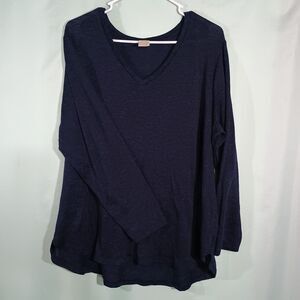 Navy Blue V Neck Tunic Top Long Sleeve Flowy Casual Blouse